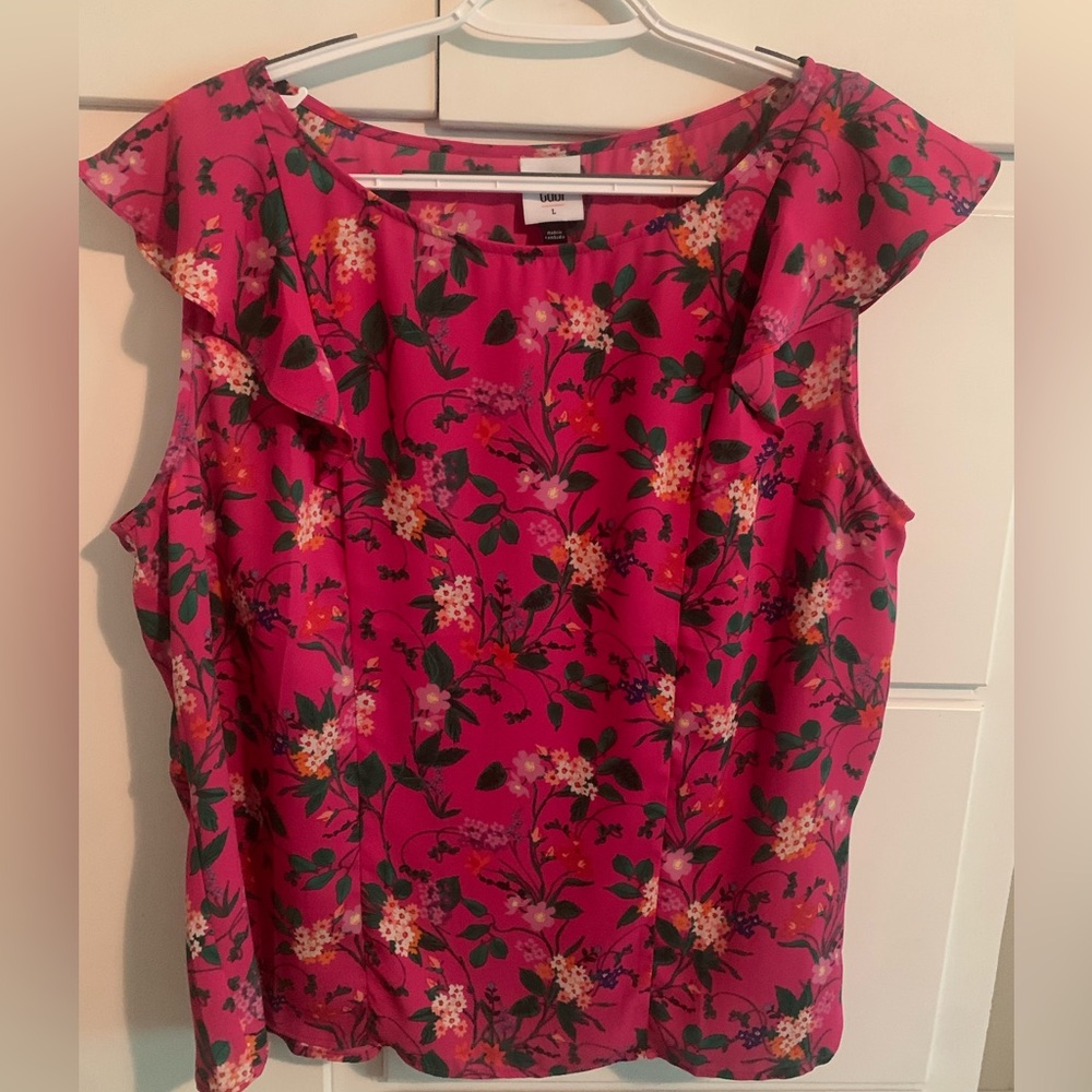 CAbi Pink Floral Ruffle Blouse